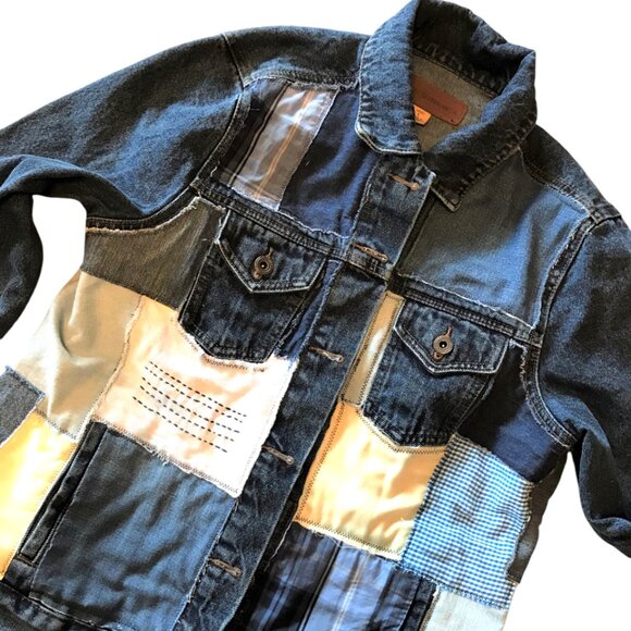 Upcycled Denim Patch Jacket: Lake Life Theme Patchwork Jean Coat, Women’s Large - Picture 7 of 12